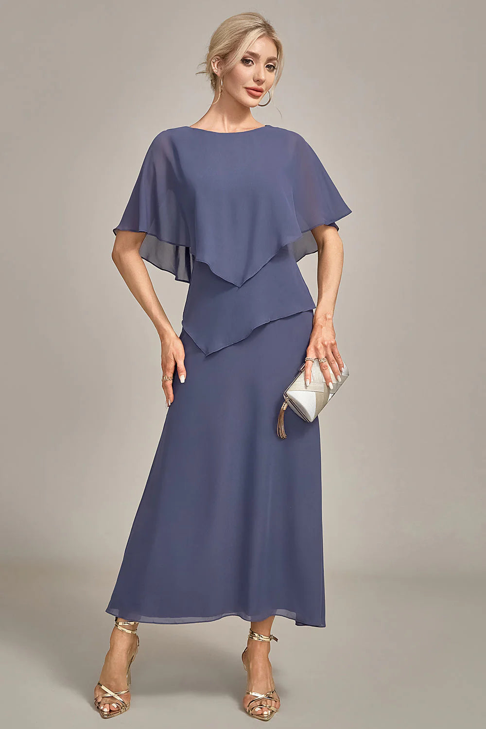 Layered Chiffon Capelet Boat-Neck A-Line Midi Mother of the Bride Dress