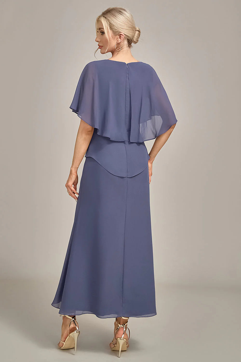 Layered Chiffon Capelet Boat-Neck A-Line Midi Mother of the Bride Dress