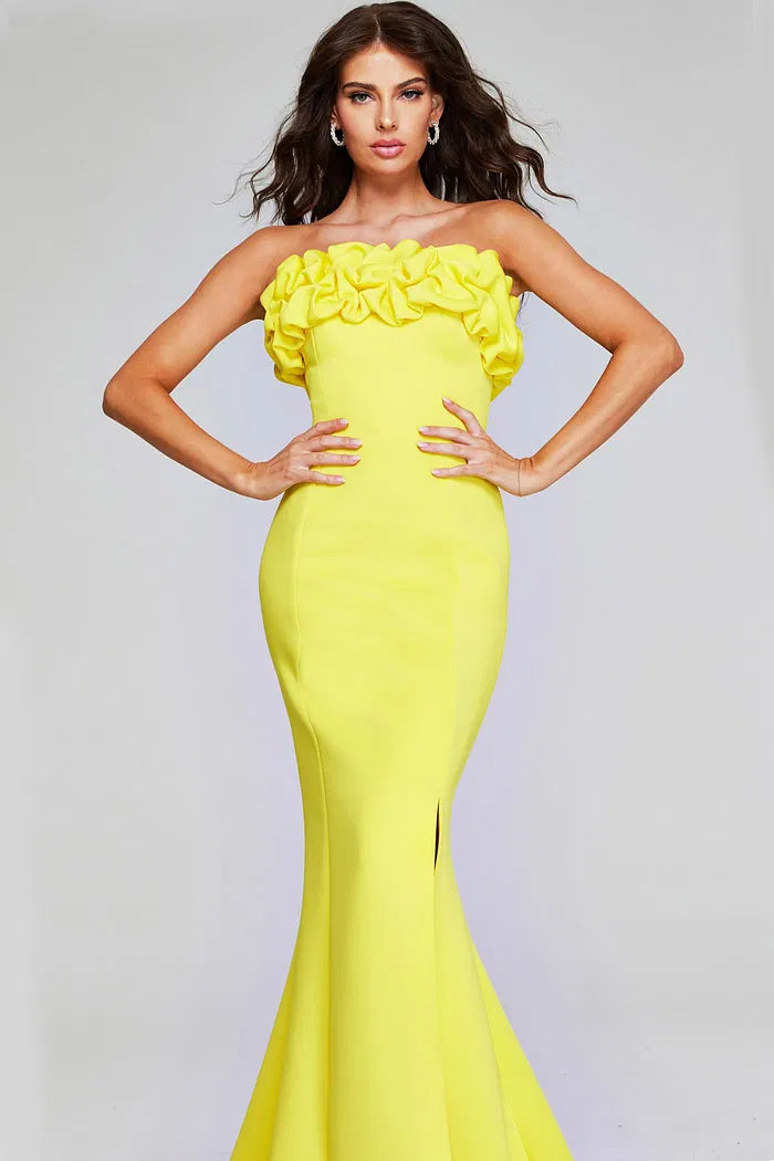 Lemon Yellow Strapless Mermaid Evening Gown with Ruffled Bodice, High Slit and Sweep Train