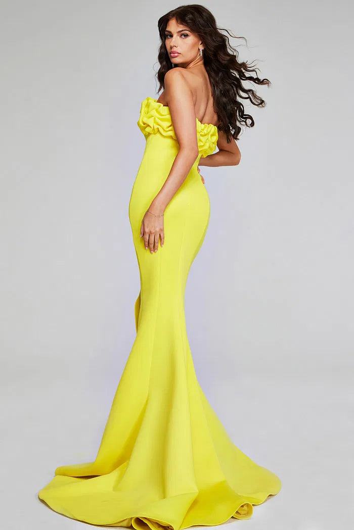 Lemon Yellow Strapless Mermaid Evening Gown with Ruffled Bodice, High Slit and Sweep Train