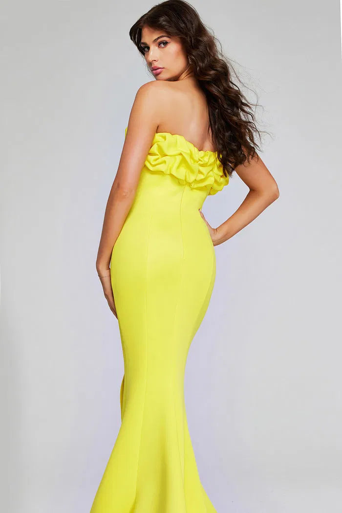 Lemon Yellow Strapless Mermaid Evening Gown with Ruffled Bodice, High Slit and Sweep Train