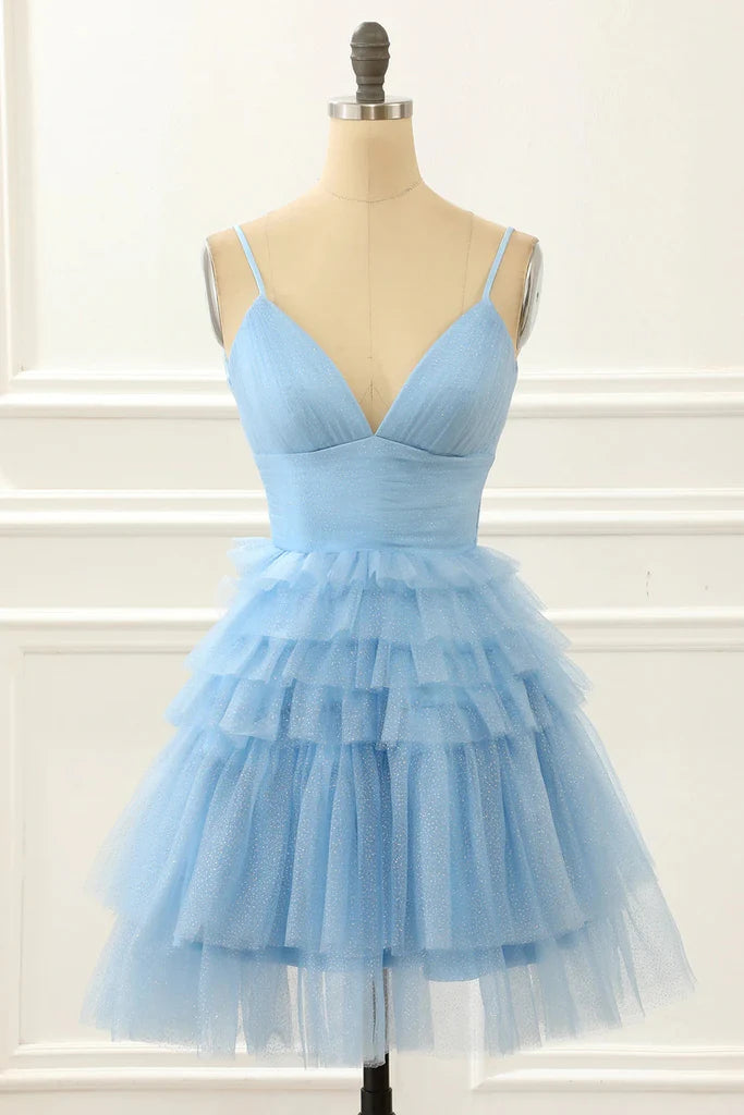 Light Blue A-Line Cute Short Homecoming Dress With Ruffles