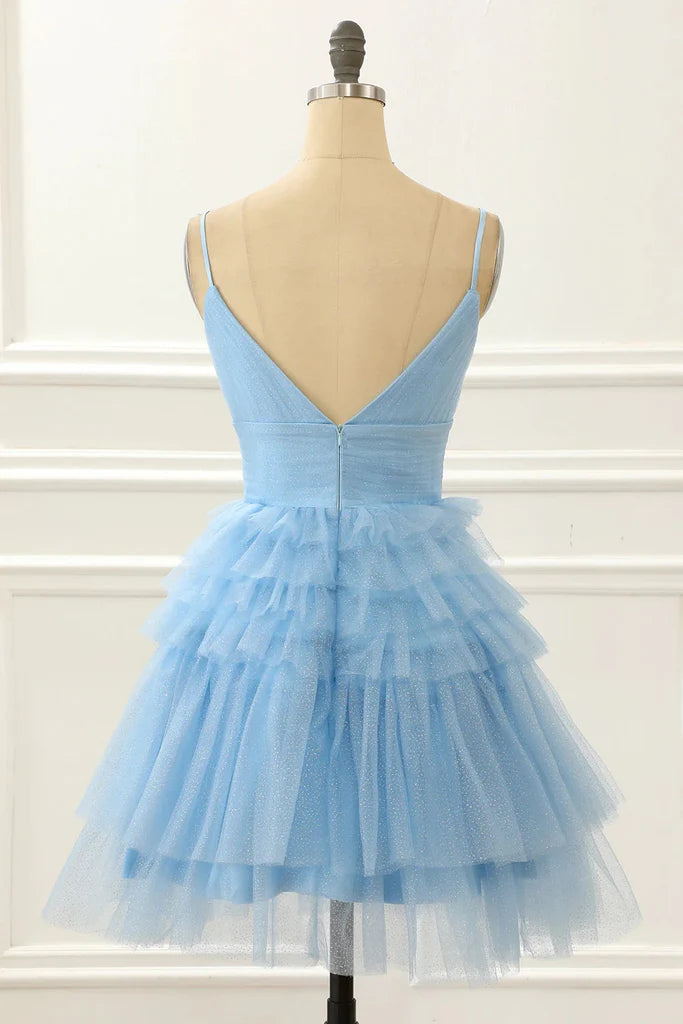 Light Blue A-Line Cute Short Homecoming Dress With Ruffles