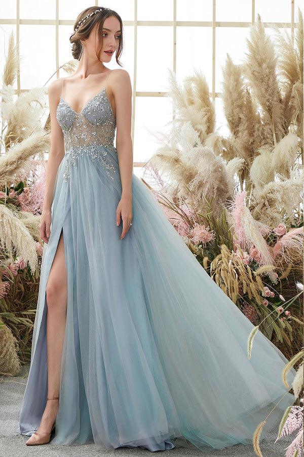 Light Blue A-line Tulle Prom Dresses Beading Evening Dresses