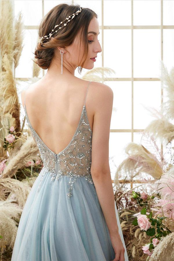 Light Blue A-line Tulle Prom Dresses Beading Evening Dresses