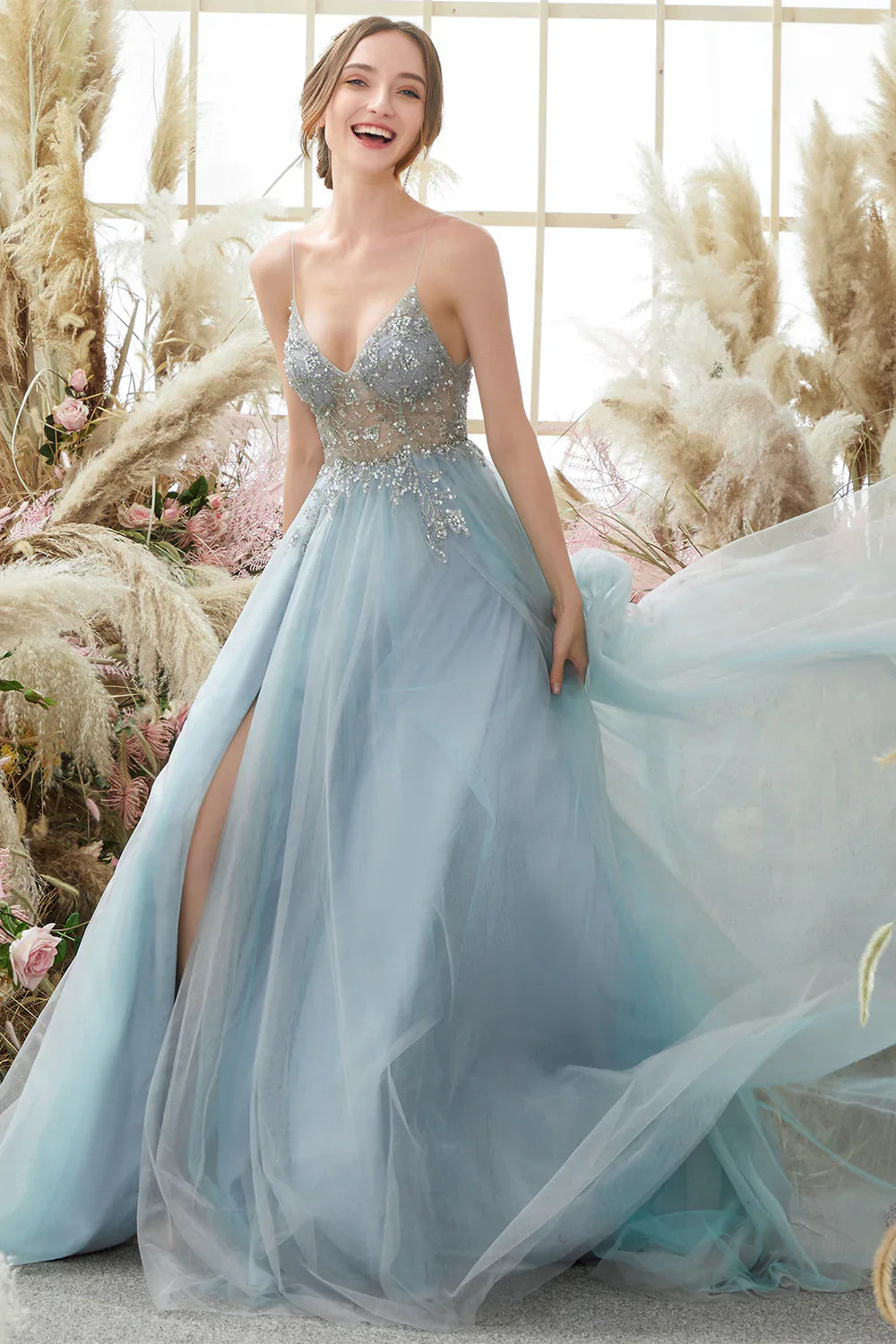 Light Blue Beaded Tulle Spaghetti Straps Prom Dress