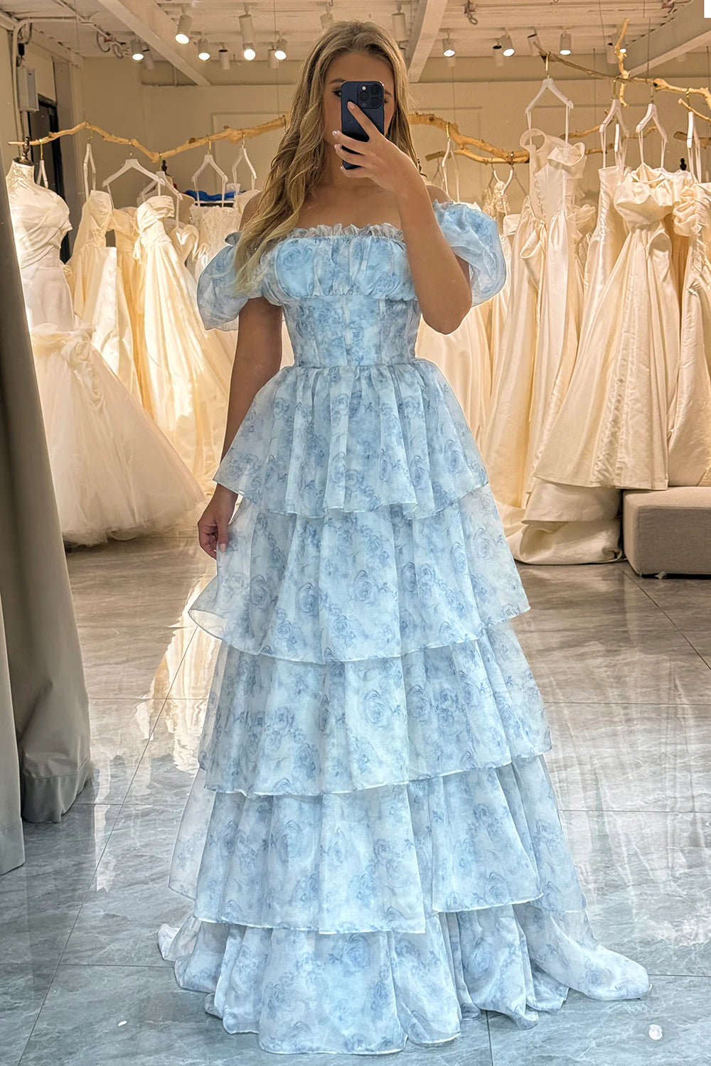 Light Blue Floral Print A-Line Off The Shoulder Tiered Prom Dress