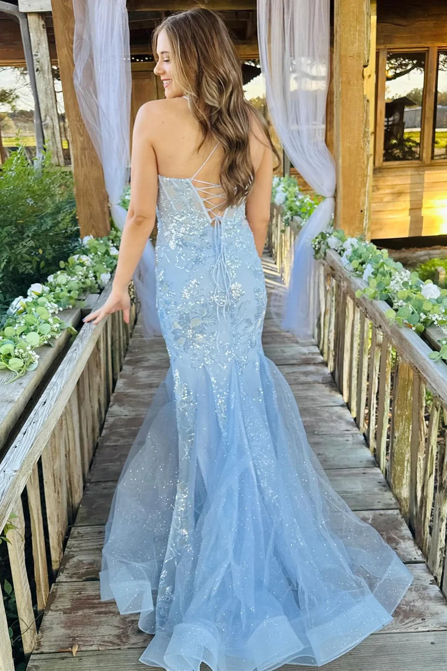 Light Blue Sequin-Embroidered Trumpet Long Gown