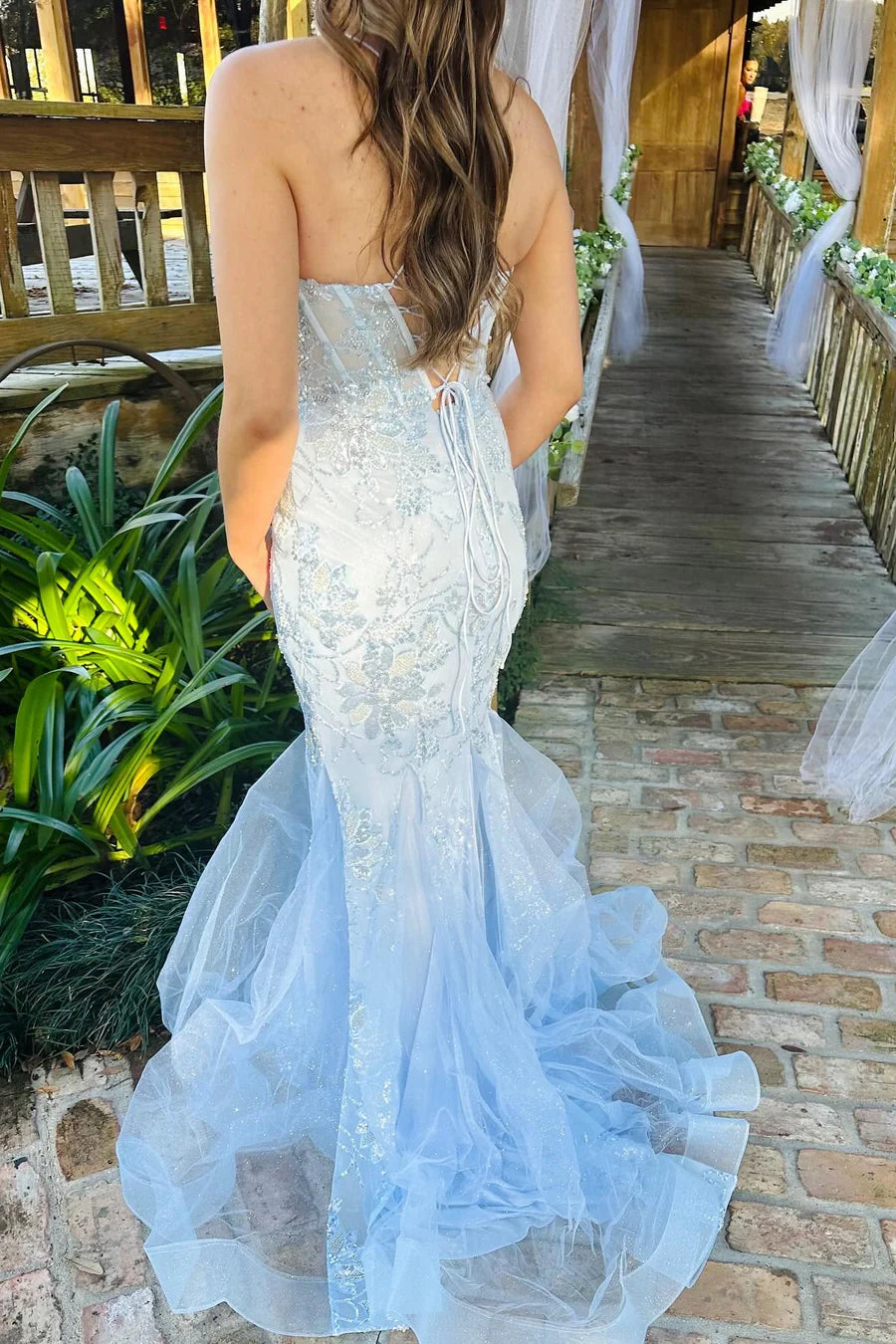 Light Blue Sequin-Embroidered Trumpet Long Gown