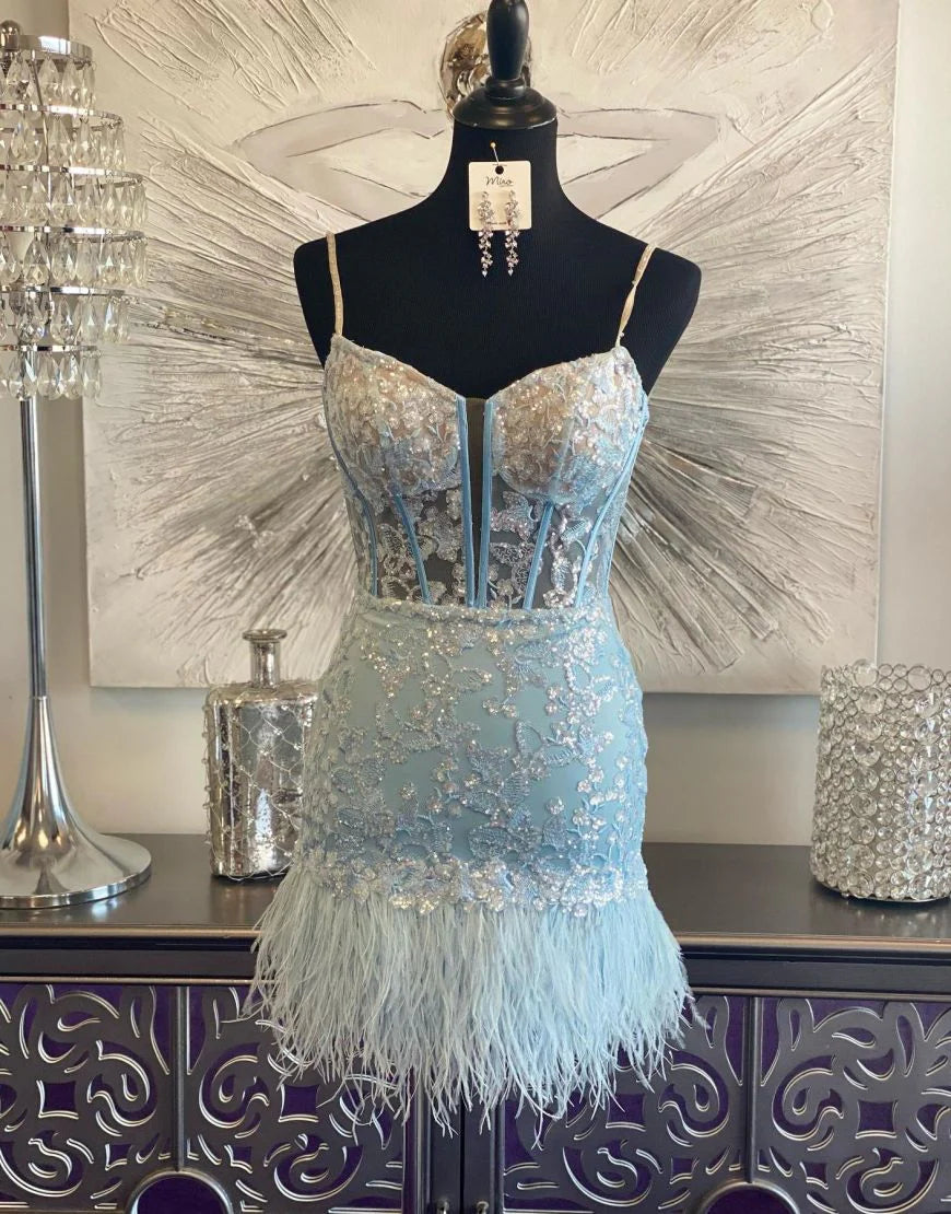 Light Blue Spaghetti Straps Short Tight Homecoming Dress with Feather