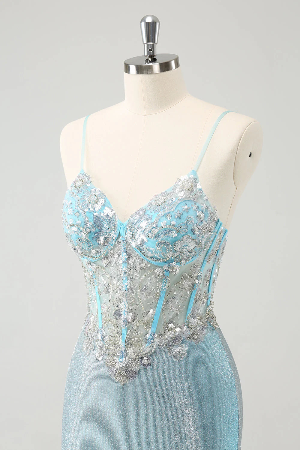 Light Blue Spaghetti Straps Tight Corset Short Homecoming Dress with Sequins
