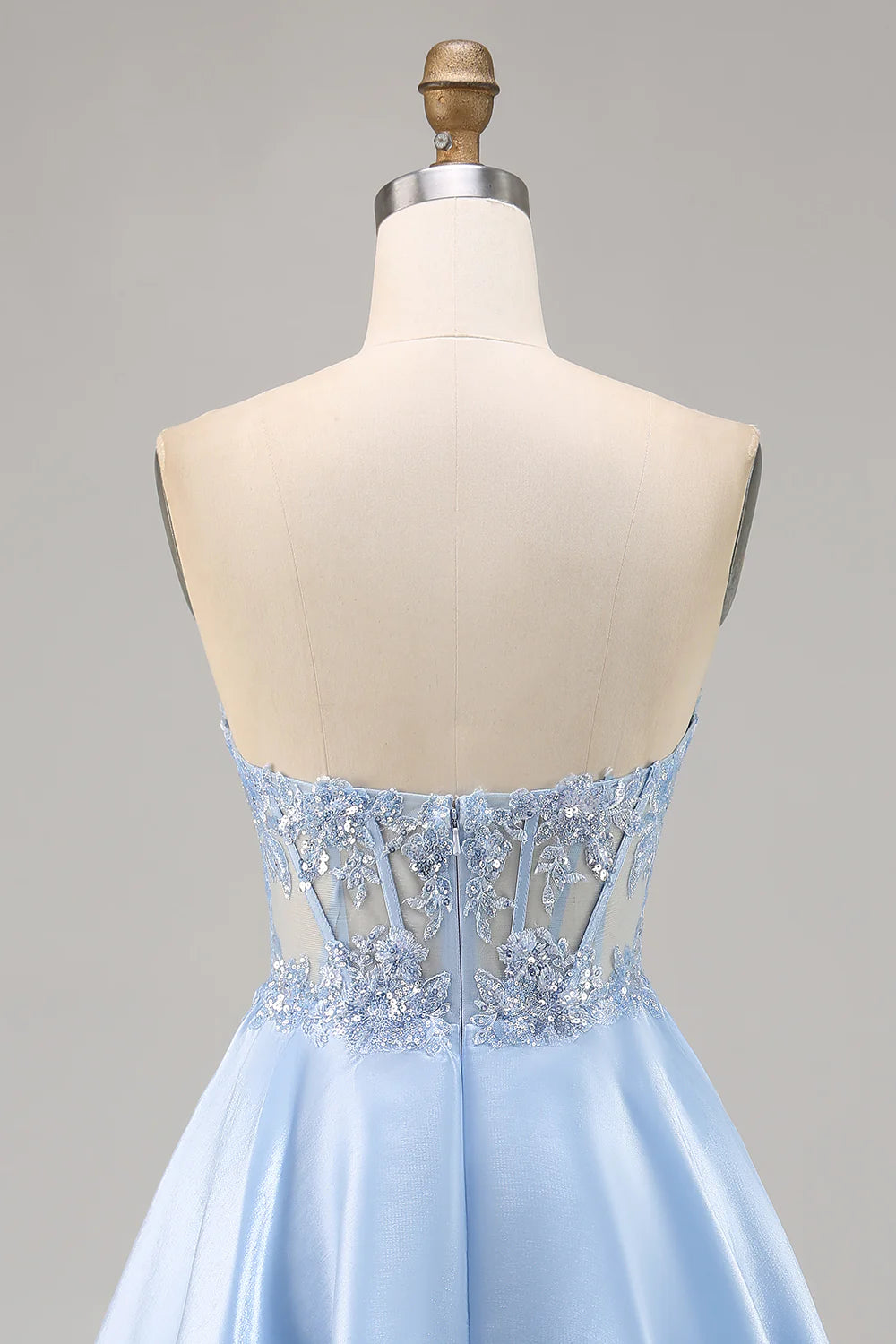 Light Blue Strapless A Line Satin Homecoming Dress with Appliques