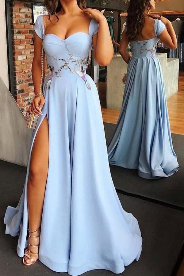 Light Blue Sweetheart Neck Cap Sleeve A-Line with Slit Evening Dresses