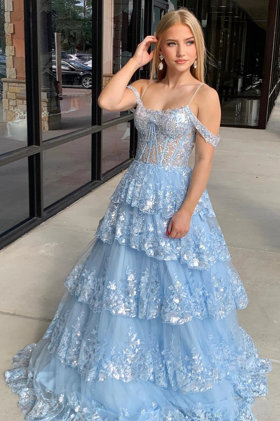 Light Blue Tulle Appliques Halter Ruffle Tiered Long Prom Dress