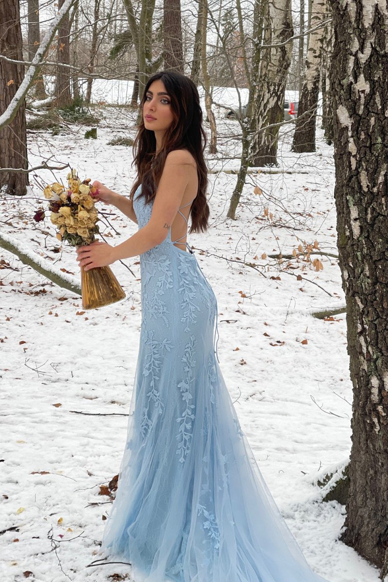 Light Blue Tulle Mermaid Spaghetti Straps Lace Applique Backless Train Prom Dress