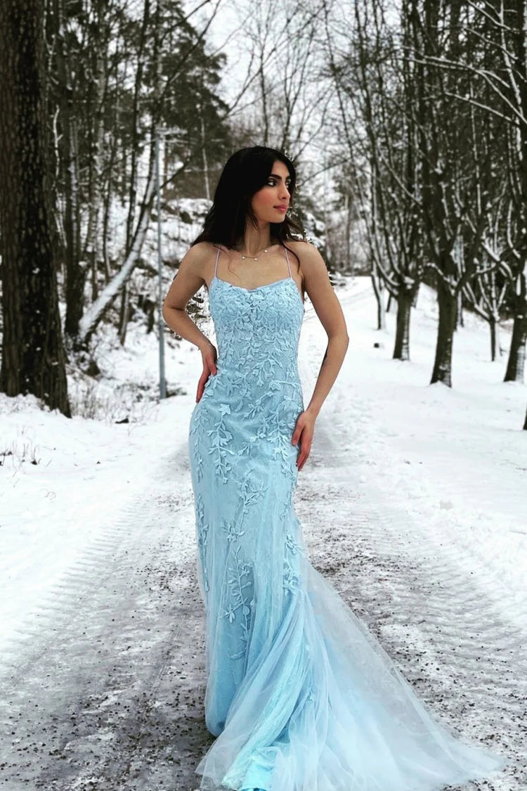 Light Blue Tulle Mermaid Spaghetti Straps Lace Applique Backless Train Prom Dress
