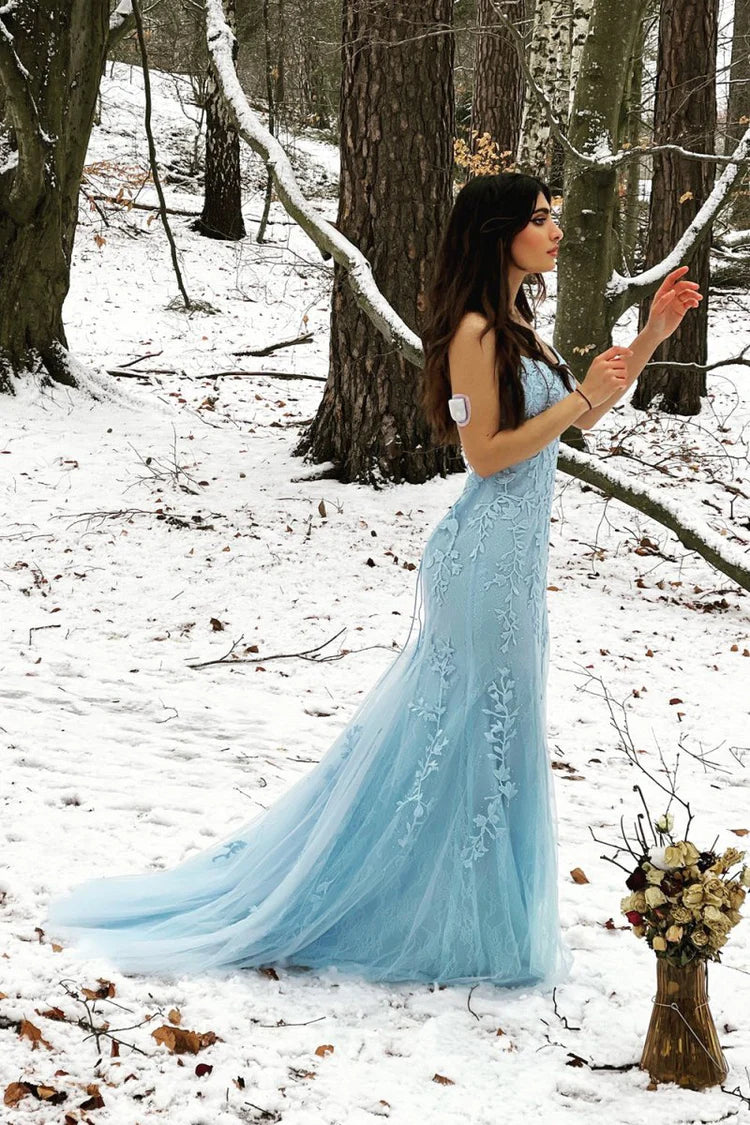 Light Blue Tulle Mermaid Spaghetti Straps Lace Applique Backless Train Prom Dress