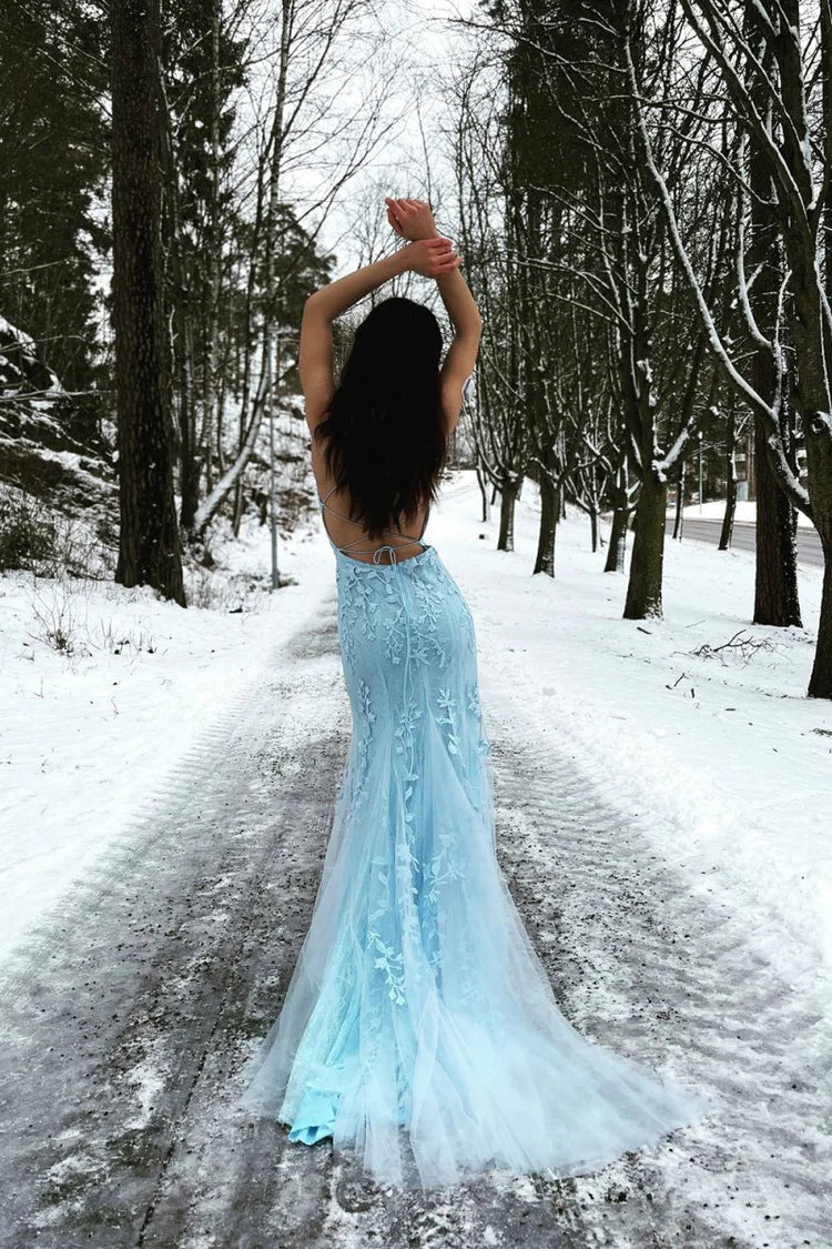Light Blue Tulle Mermaid Spaghetti Straps Lace Applique Backless Train Prom Dress