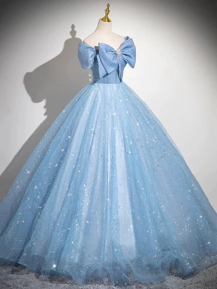 Light Blue Tulle Sequins Long Prom Dress, A-Line Off Shoulder Evening Dress