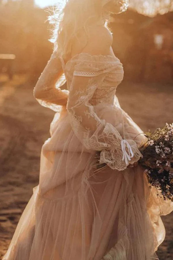 Light Brown Long Sleeve Boho Wedding Dress Rustic Wedding Dress