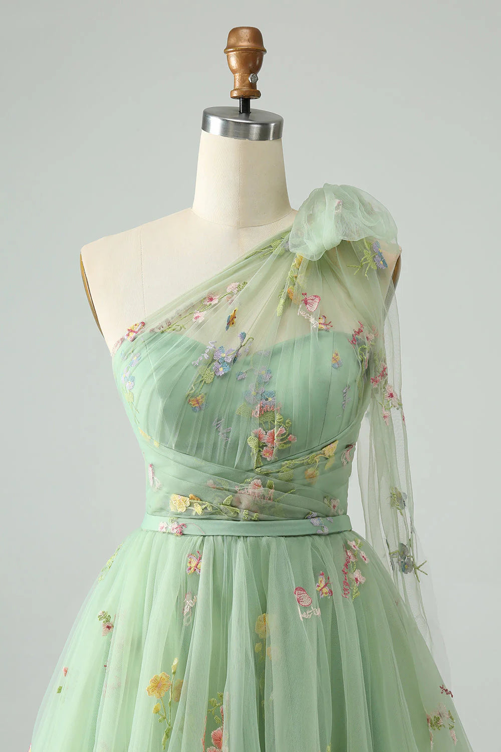 Light Green A Line One Shoulder Tulle Homecoming Dress with Floral Embroidery