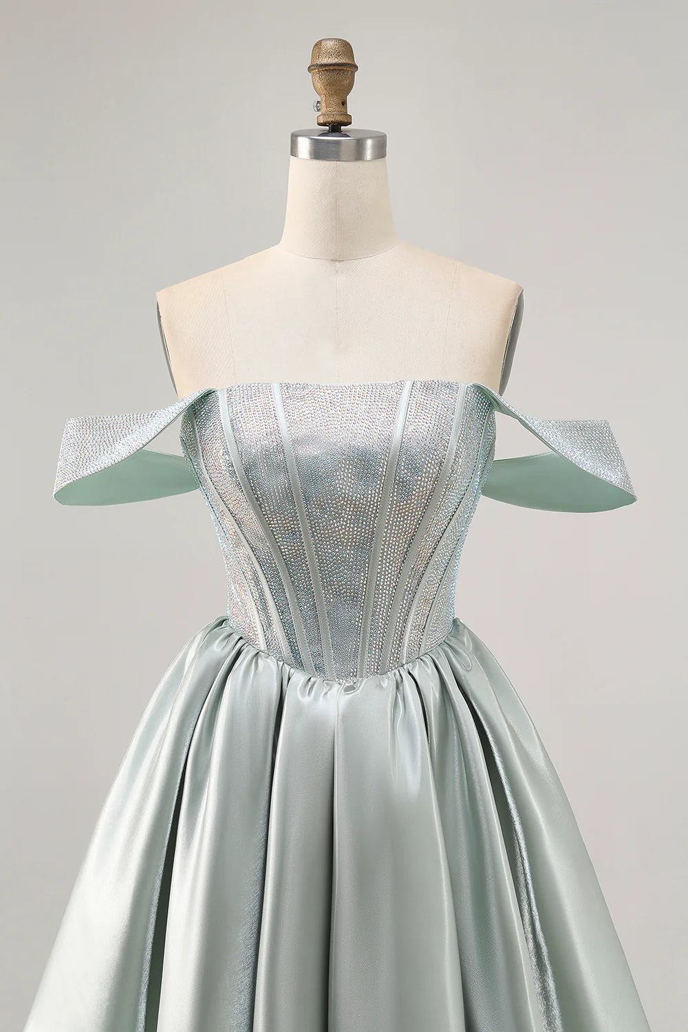 Light Green Satin Off The Shoulder Corset Homecoming Dress with Beading