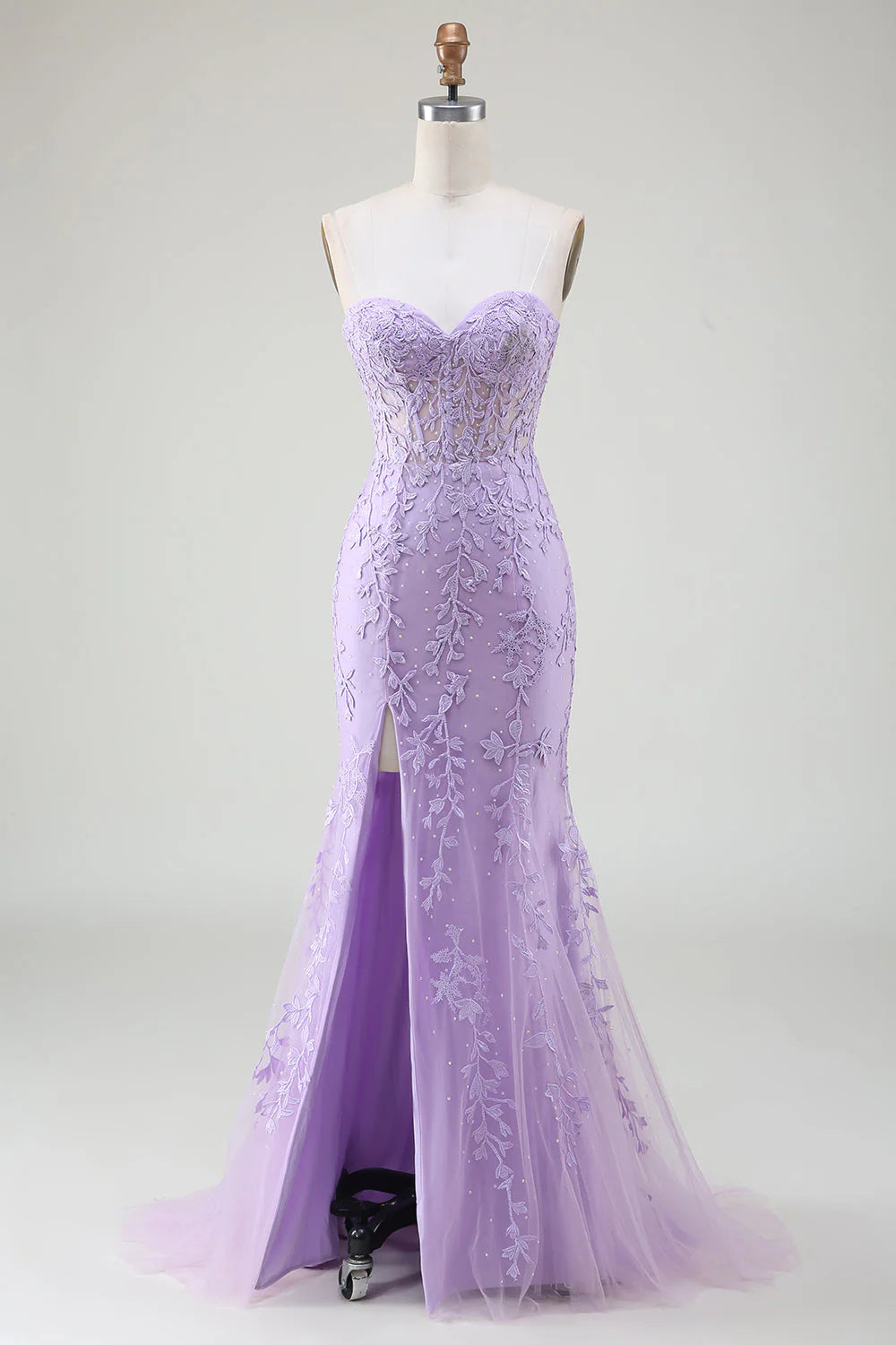 Light Purple Mermaid Sweetheart Lace Corset Long Prom Dress with Slit