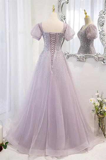 Light Purple Square Neck Sleeves Beaded Maxi Formal Dress