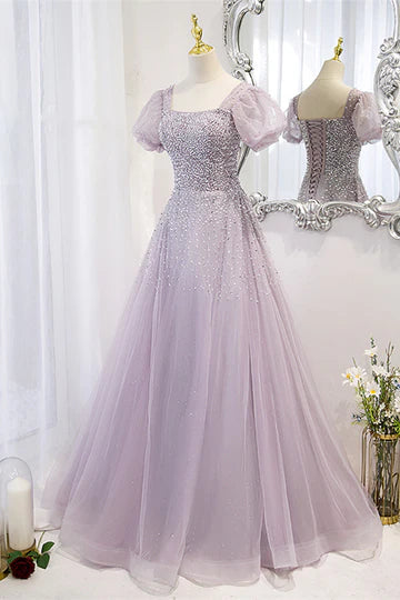 Light Purple Square Neck Sleeves Beaded Maxi Formal Dress