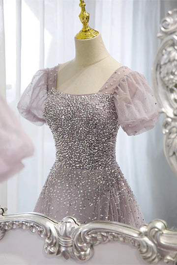 Light Purple Square Neck Sleeves Beaded Maxi Formal Dress