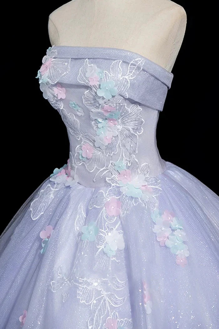 Light Purple Tulle Lace Long Prom Dress, A-Line Strapless Evening Party Dress