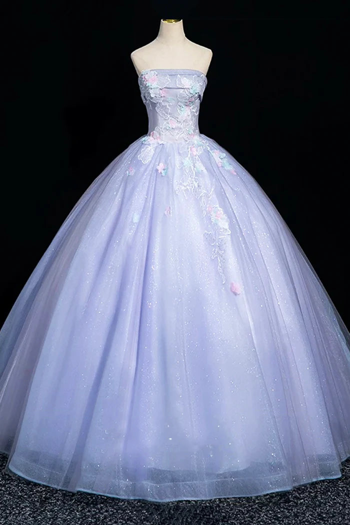 Light Purple Tulle Lace Long Prom Dress, A-Line Strapless Evening Party Dress