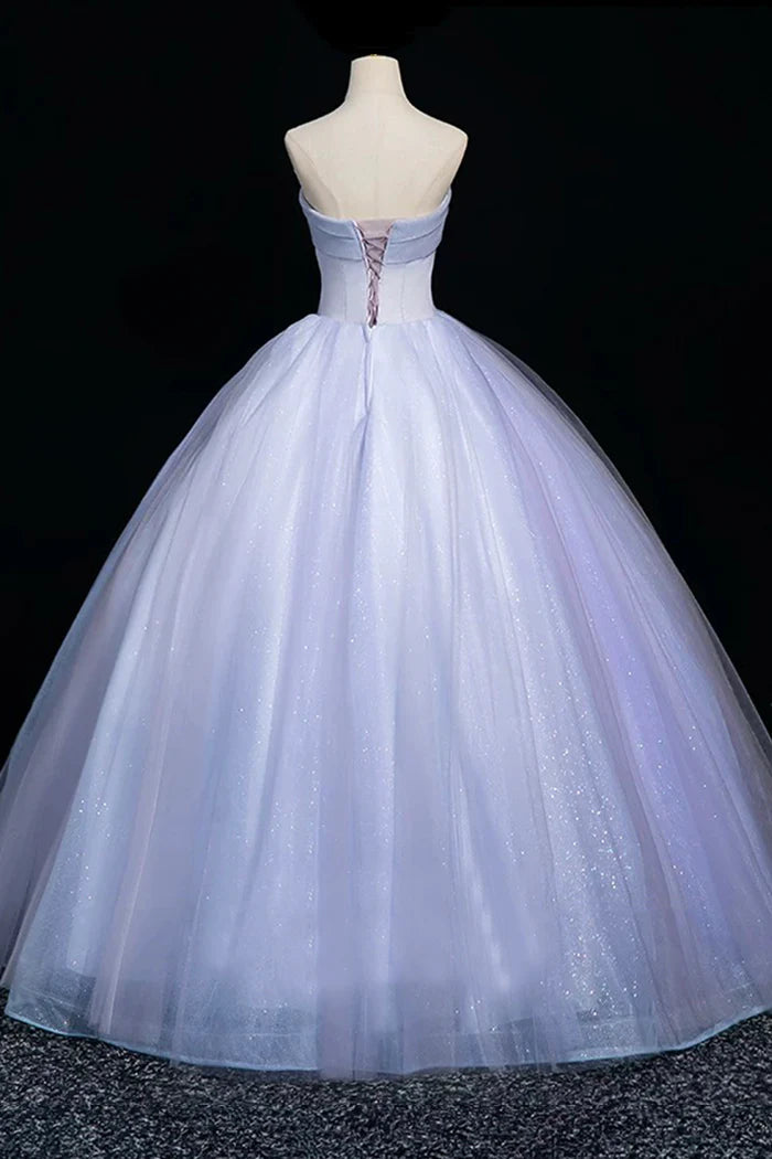 Light Purple Tulle Lace Long Prom Dress, A-Line Strapless Evening Party Dress
