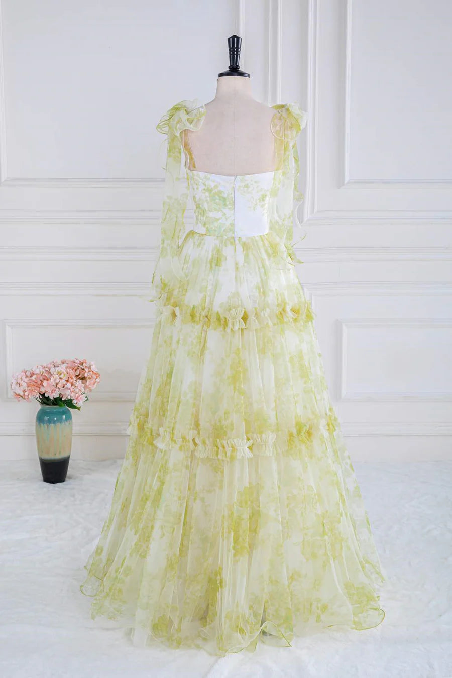 Light Yellow Bow Tie Straps Twisted Knot Ruffled Floral Long Prom Dress