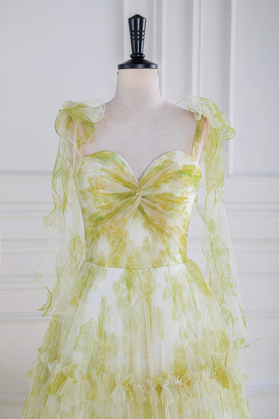 Light Yellow Bow Tie Straps Twisted Knot Ruffled Floral Long Prom Dress