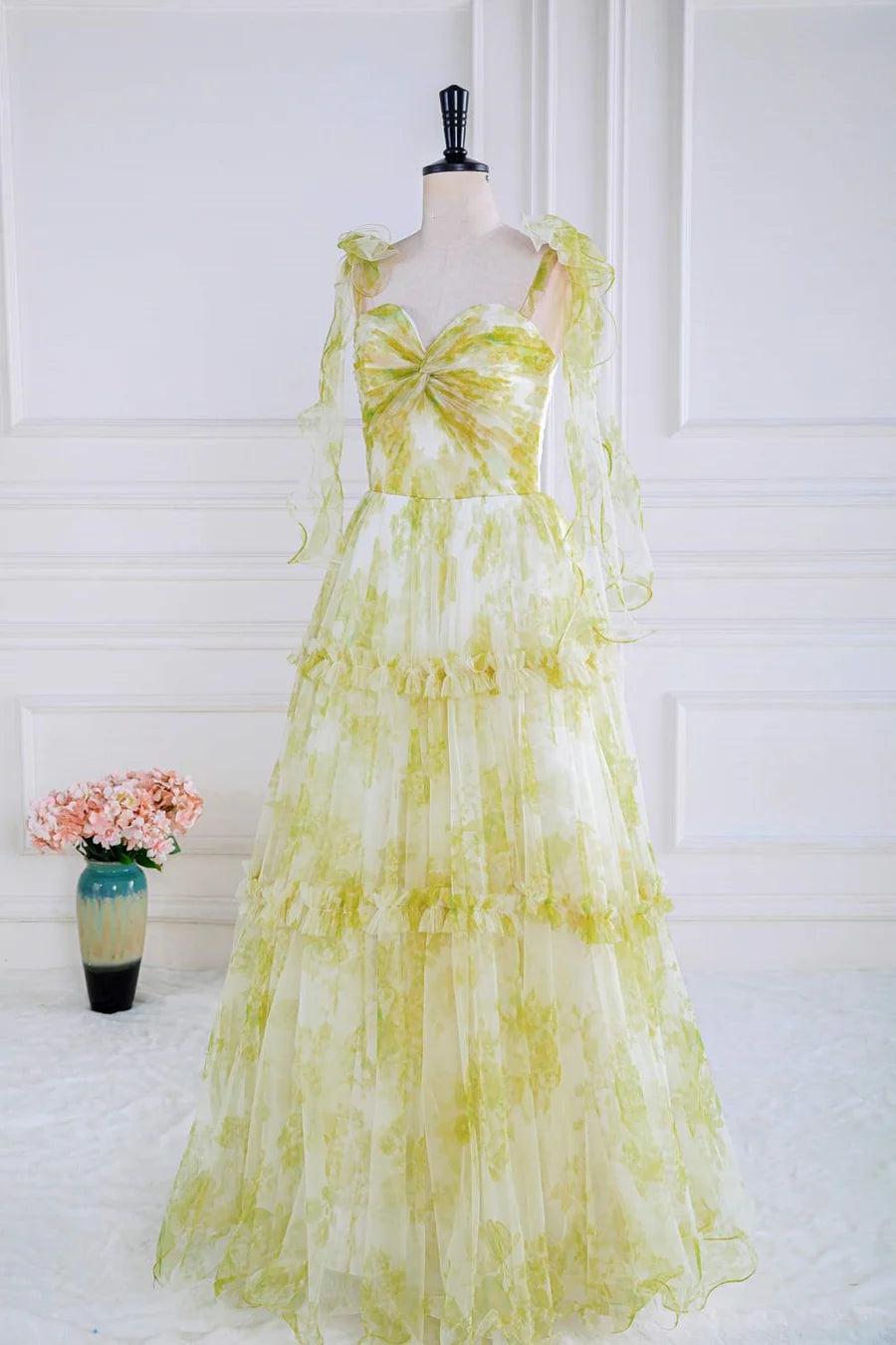 Light Yellow Bow Tie Straps Twisted Knot Ruffled Floral Long Prom Dress