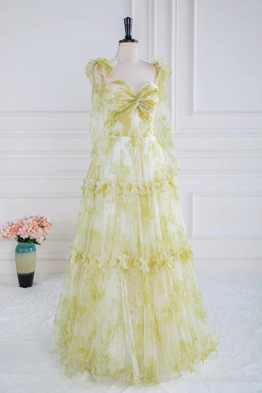 Light Yellow Bow Tie Straps Twisted Knot Ruffled Floral Long Prom Dress