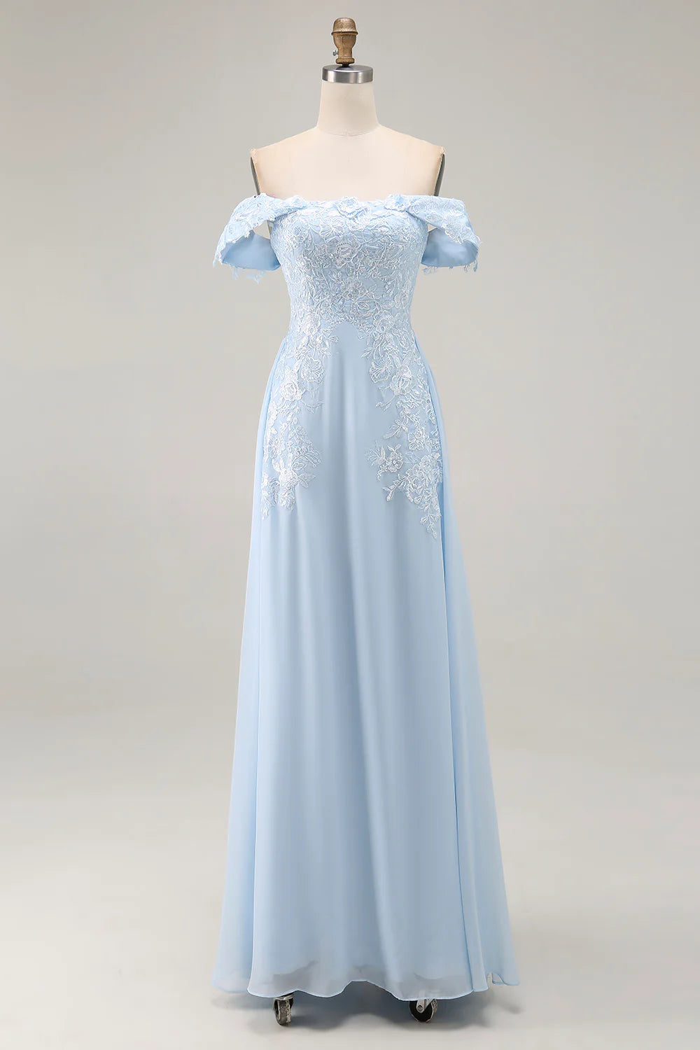 Light Blue A-Line Off Shoulder Lace Chiffon Short Sleeve Back Zip Floor Length Mother of the Bride Dress