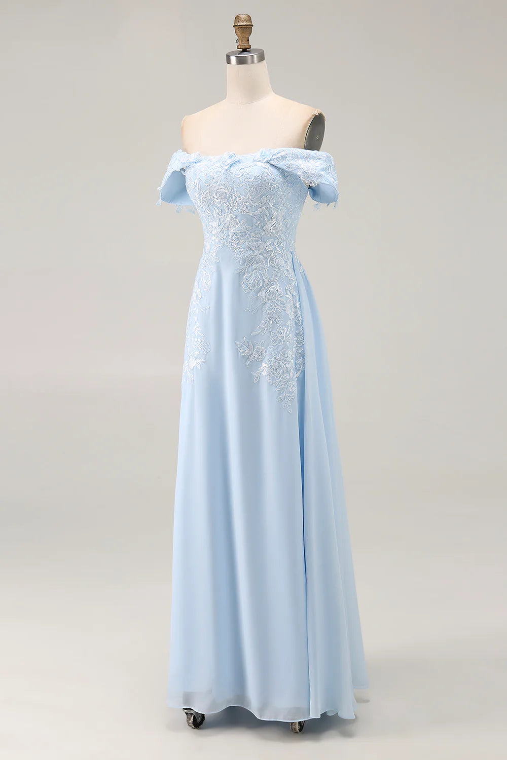 Light Blue A-Line Off Shoulder Lace Chiffon Short Sleeve Back Zip Floor Length Mother of the Bride Dress