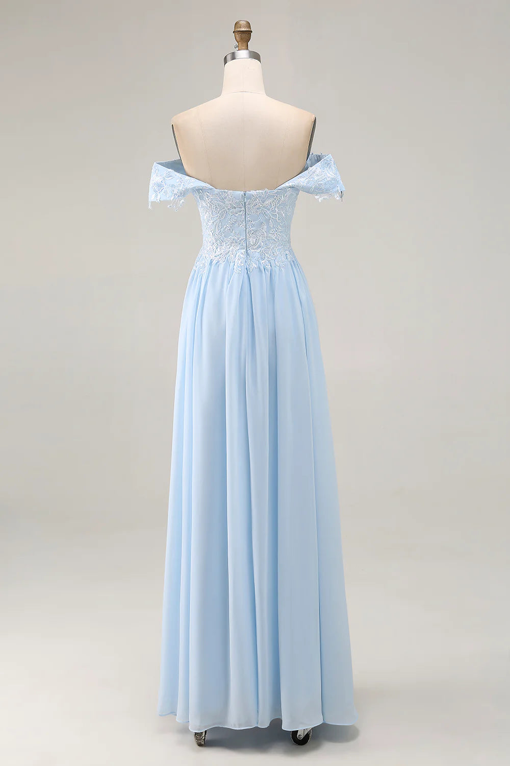 Light Blue A-Line Off Shoulder Lace Chiffon Short Sleeve Back Zip Floor Length Mother of the Bride Dress