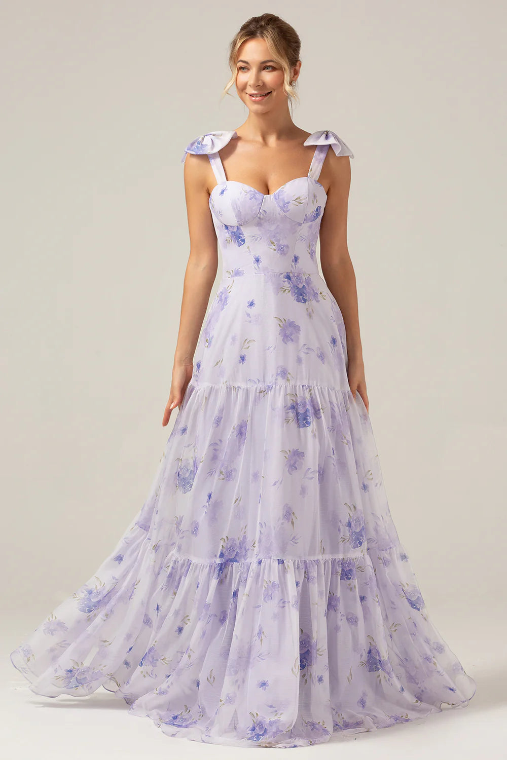 Lilac A-Line Floral Print Lace-Up Back Wedding Party Dress with Shoulder Bows