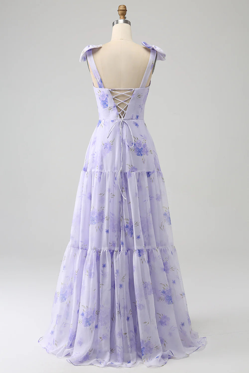 Lilac A-Line Floral Print Lace-Up Back Wedding Party Dress with Shoulder Bows