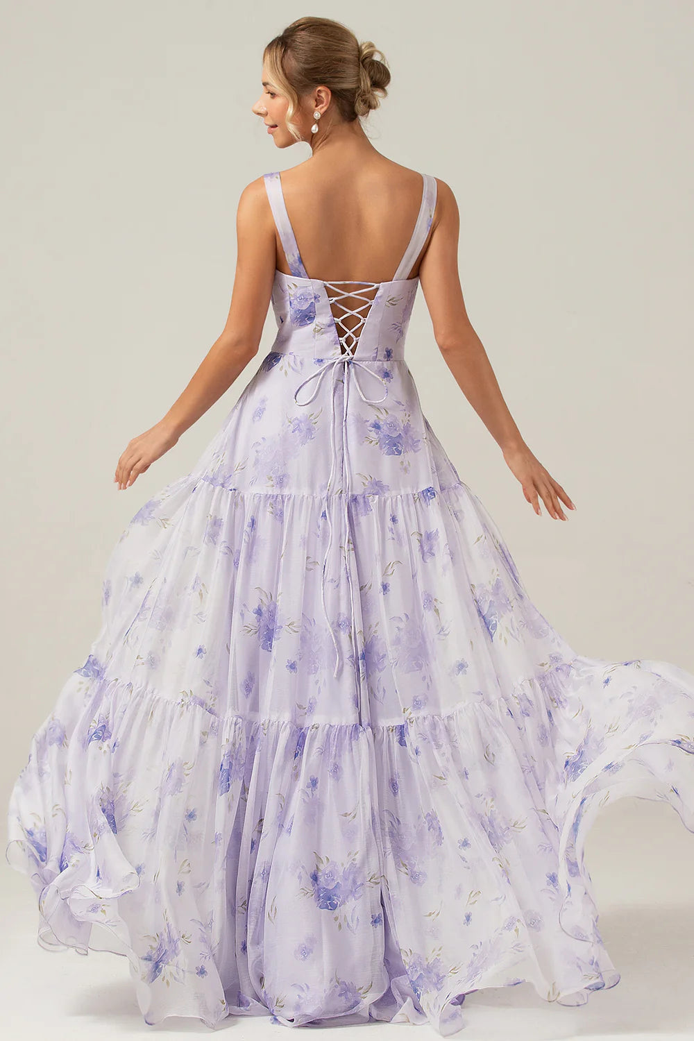 Lilac A-Line Floral Print Lace-Up Back Wedding Party Dress with Shoulder Bows