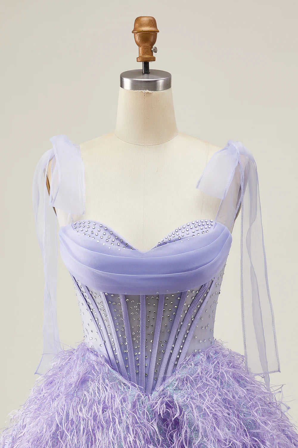 Lilac A-Line Spaghetti Straps Corset Beaded Homecoming Dress with Feathers