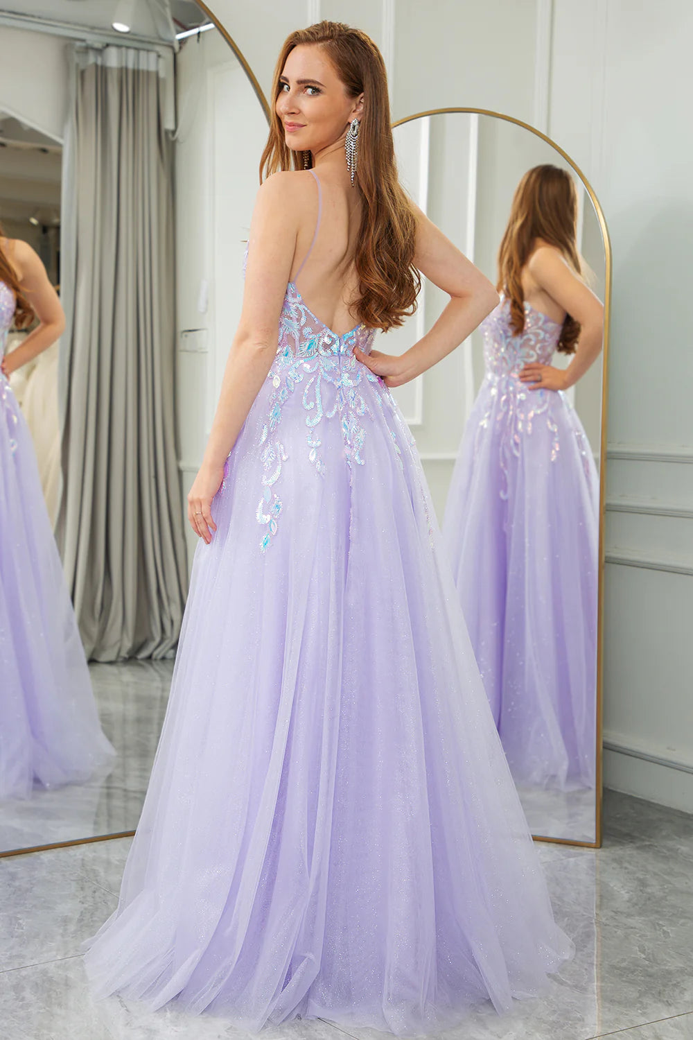Lilac A Line Tulle Backless Long Sparkly Prom Dress With Sequined Appliques
