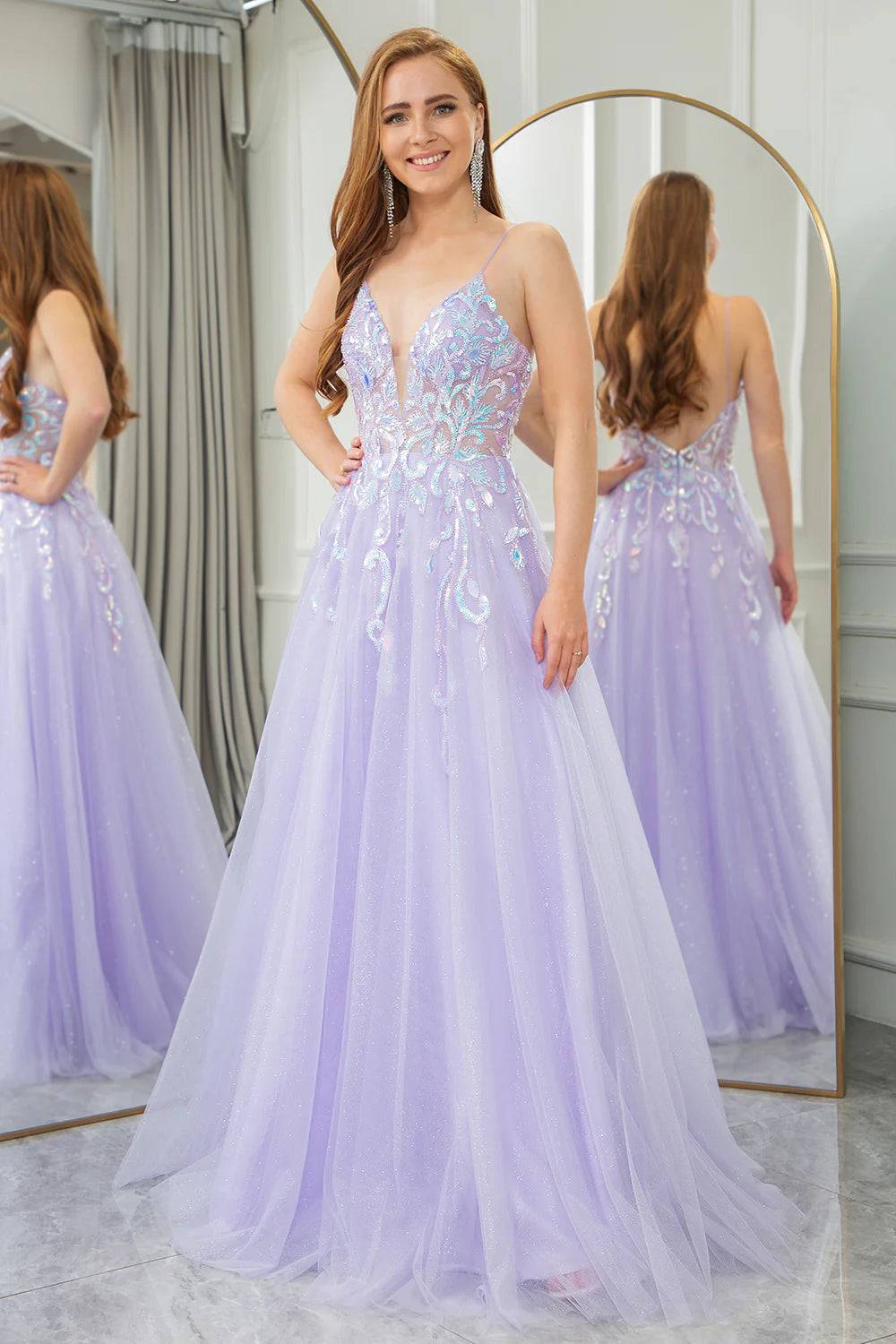 Lilac A Line Tulle Backless Long Sparkly Prom Dress With Sequined Appliques