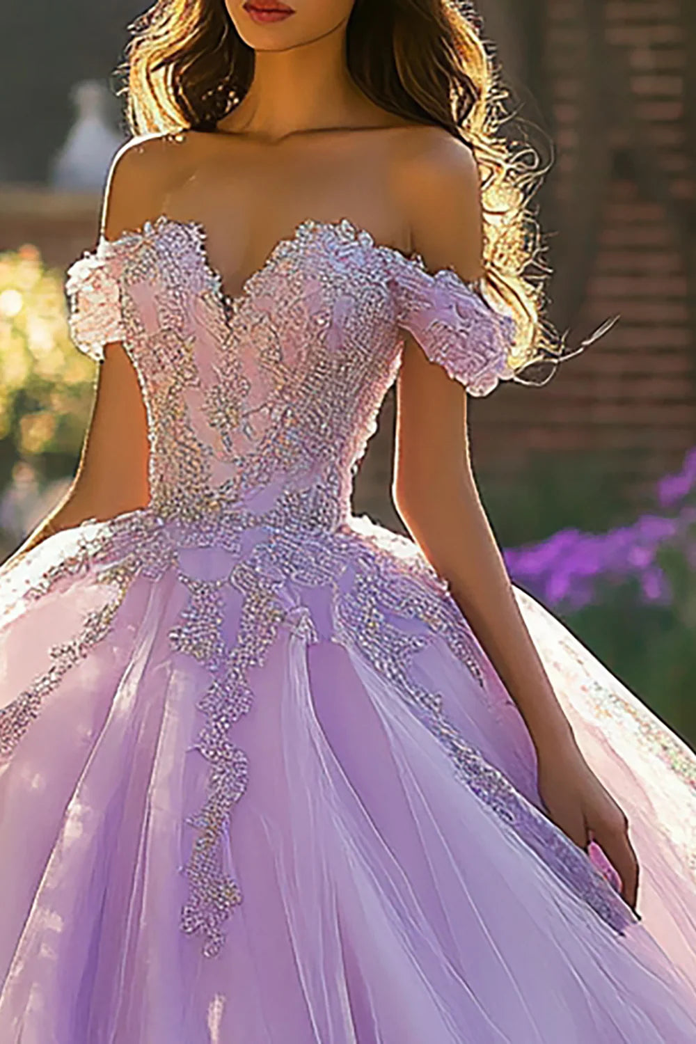 Lilac Ball Gown Tulle Off the Shoulder Long Quinceanera Dress with Appliques