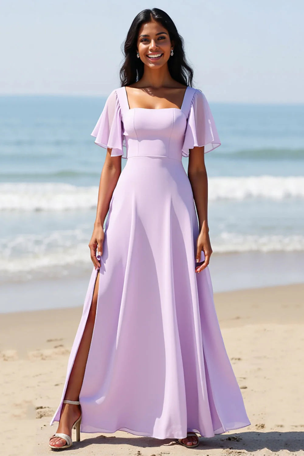 Lilac Chiffon A Line Long Bridesmaid Dress with Flutter Sleeves