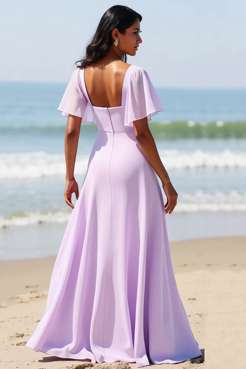Lilac Chiffon A Line Long Bridesmaid Dress with Flutter Sleeves