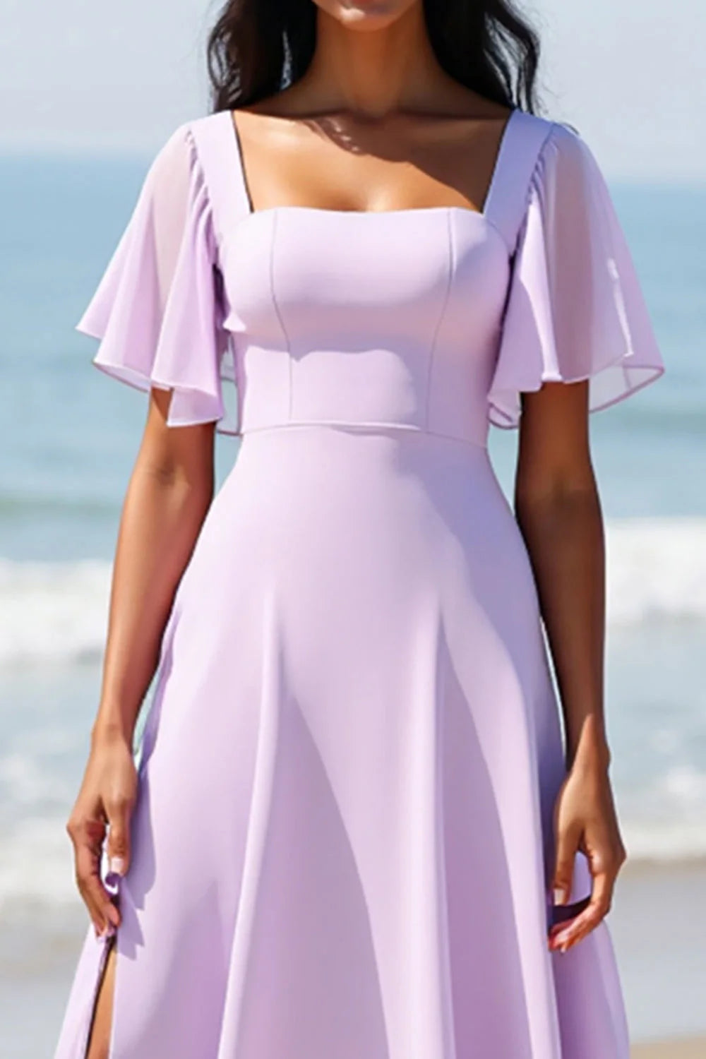 Lilac Chiffon A Line Long Bridesmaid Dress with Flutter Sleeves